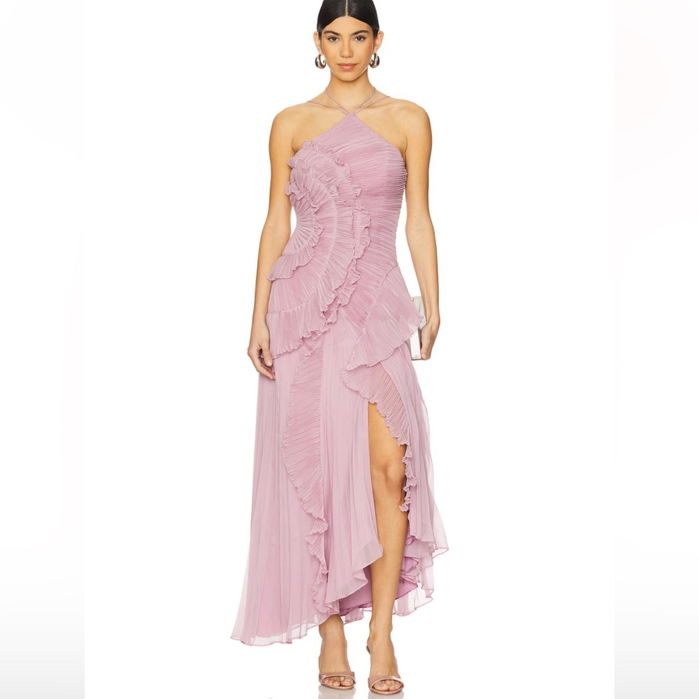 AMUR Loralie Pleated Halter Asymmetric Hem Gown in Dusty Lilac